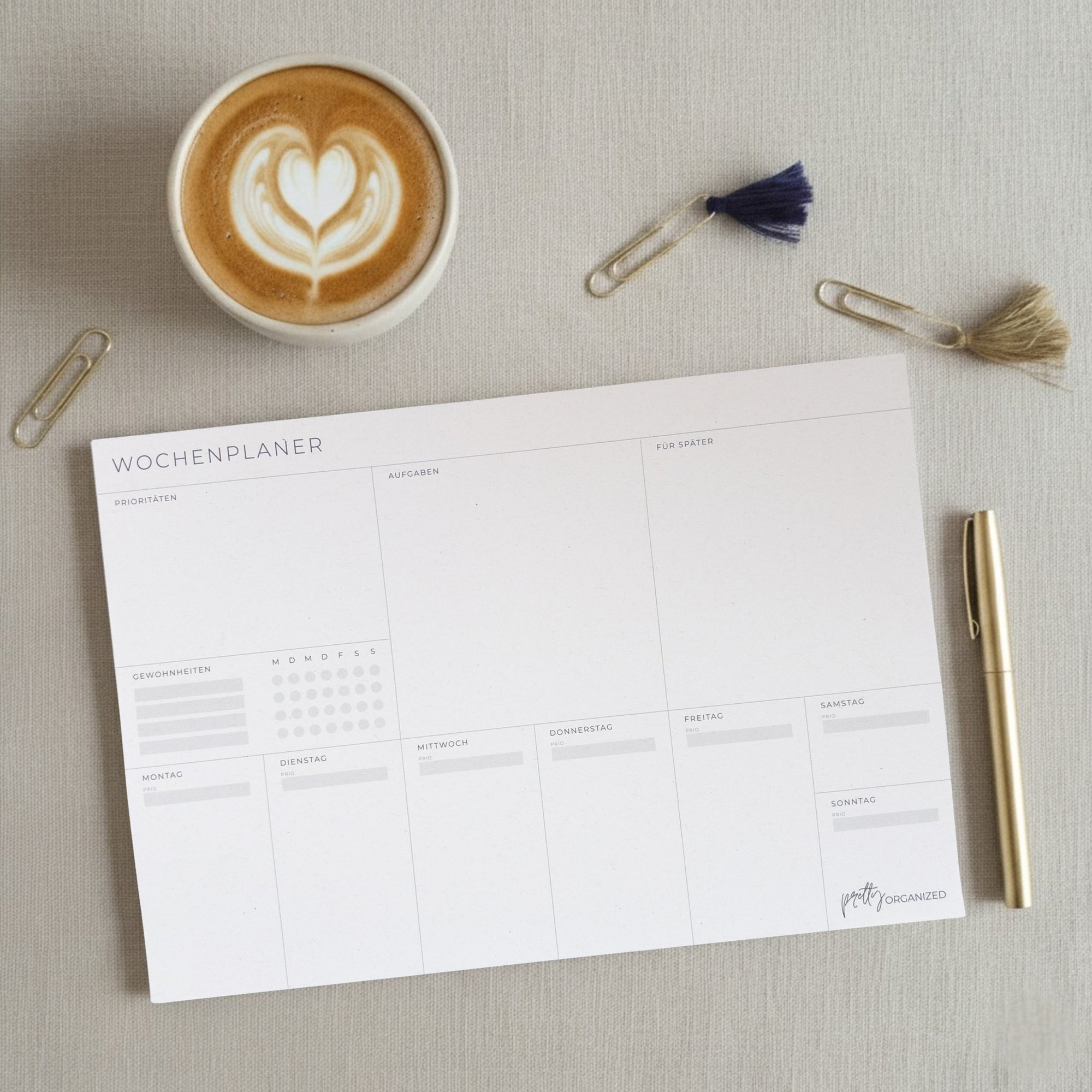 Wochenplaner Block prettyORGANIZED auf Leinentischdecke