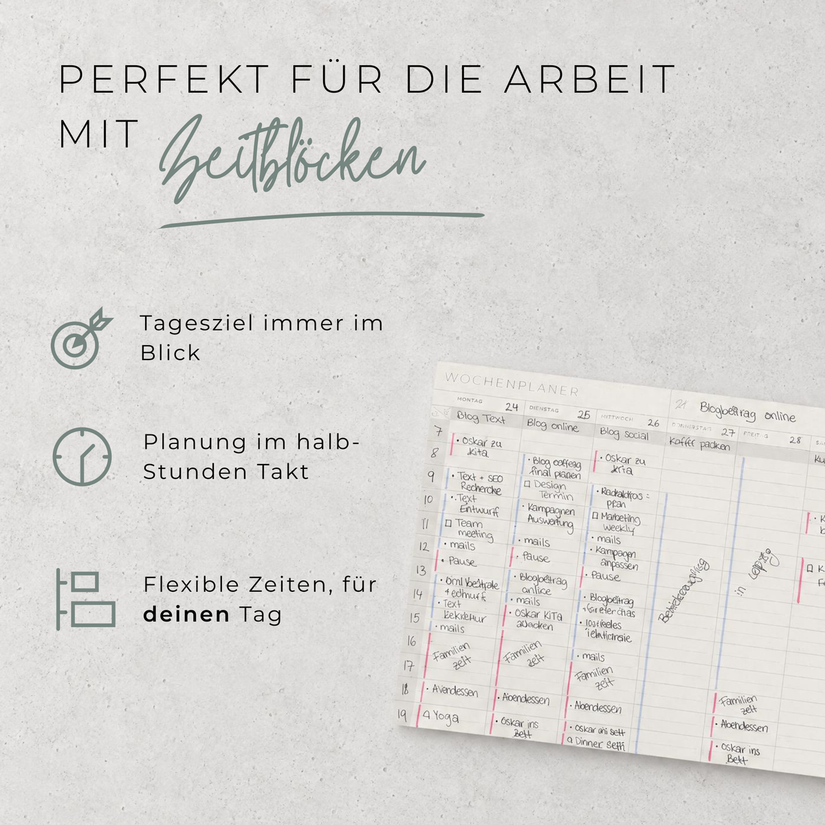 Wochenplaner Block mit Uhrzeiten prettyorganizedDE