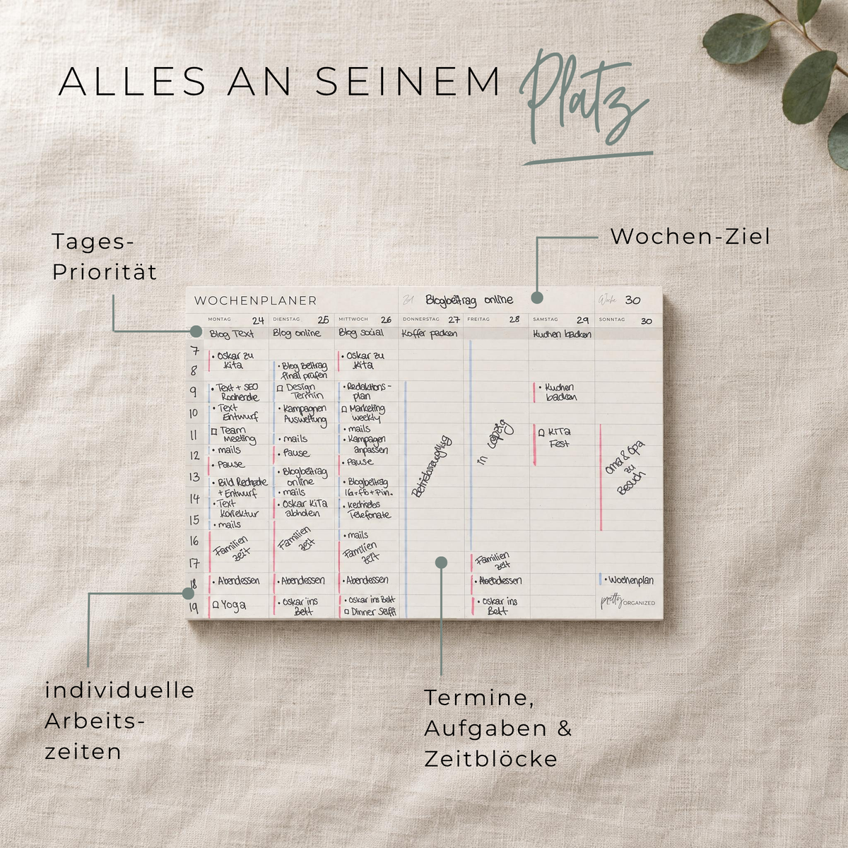 Wochenplaner Block mit Uhrzeiten prettyorganizedDE