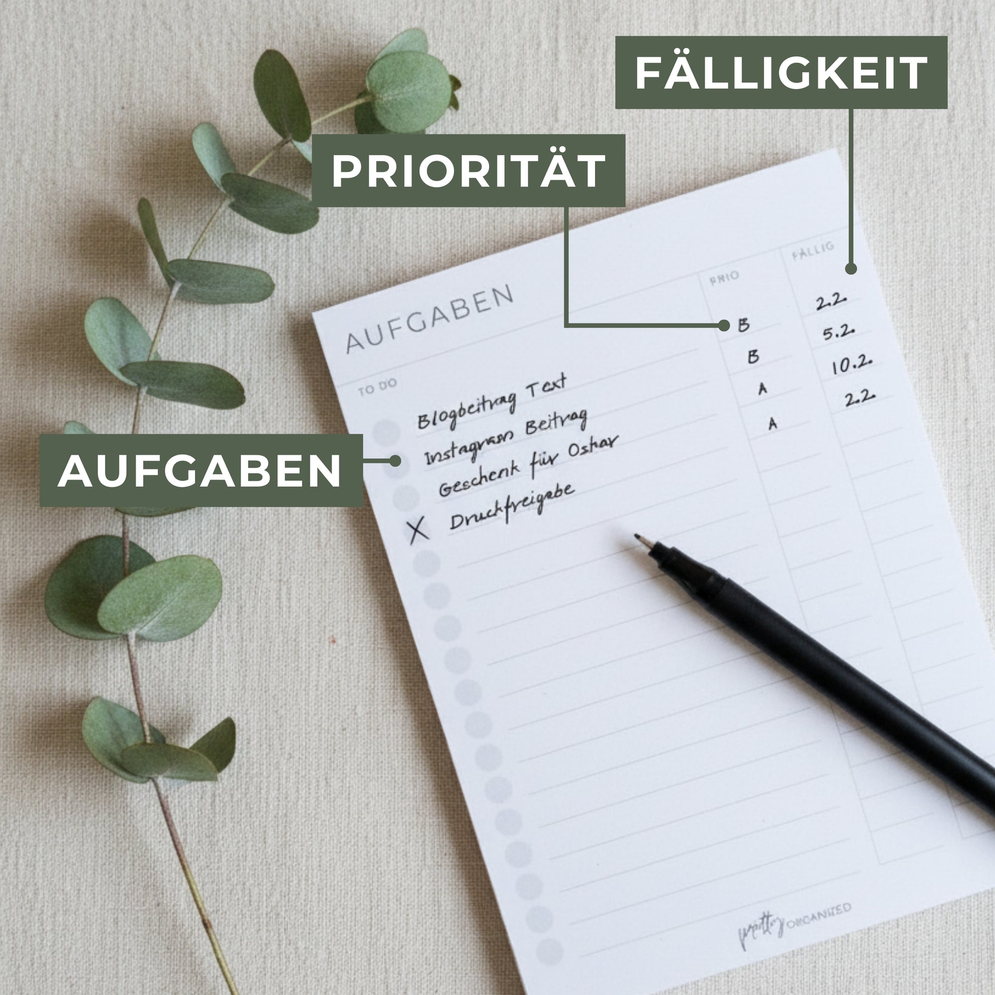 prettyORGANIZED To Do Liste mit Aufgaben Priorität und Fälligkeit