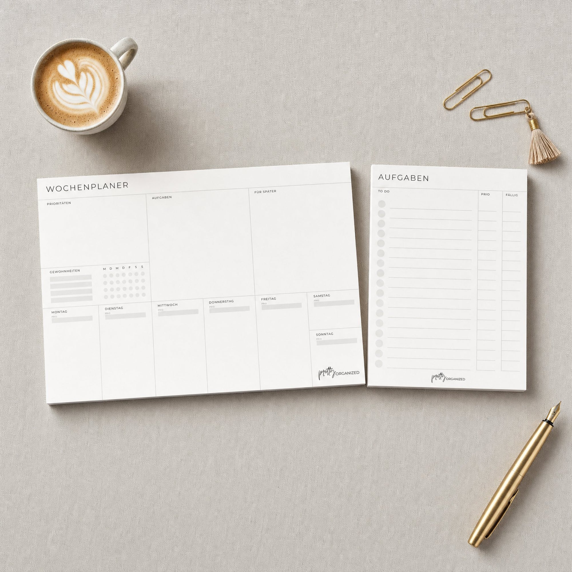 Wochenplanungs-Duo von prettyORGANIZED: Wochenplaner Block und To-Do Listen Block auf hellem Naturleinen