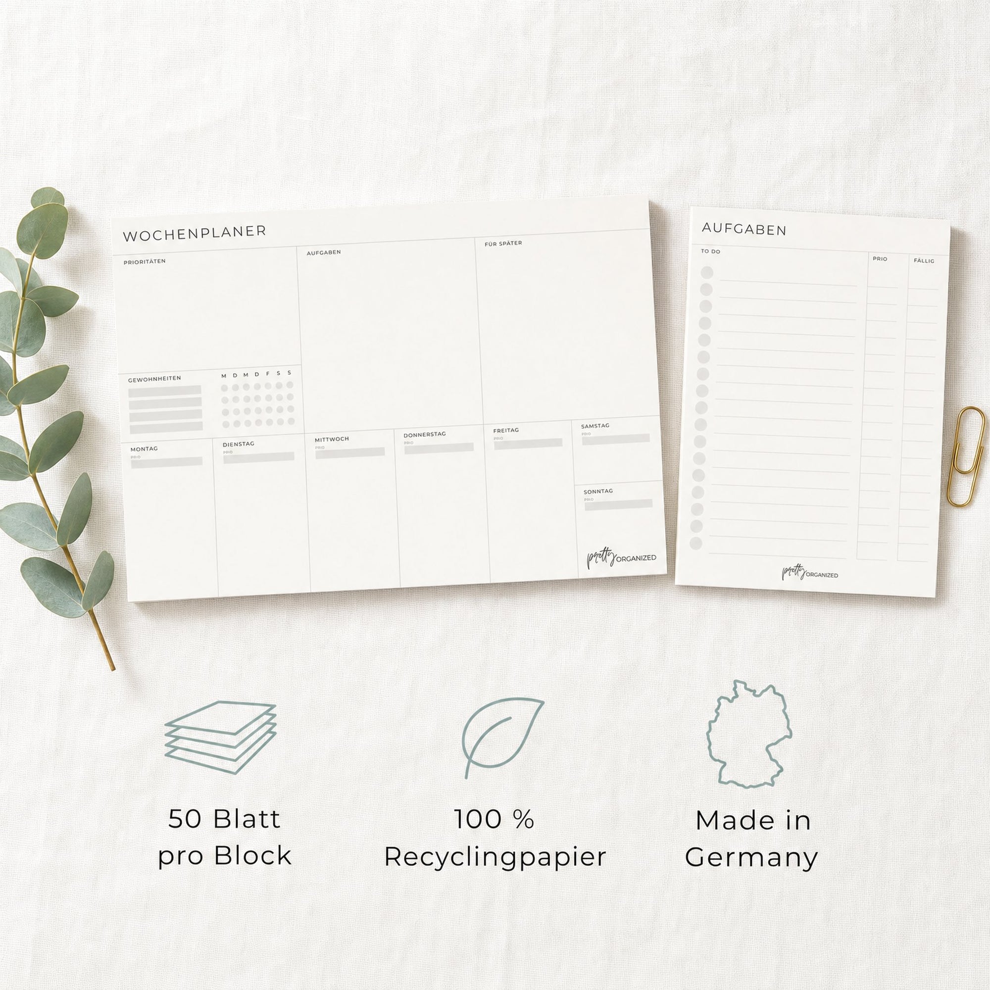 Wochenplanungs-Duo Details: 50 Blatt pro Block, 100 Prozent Recyclingpapier, Made in Germany